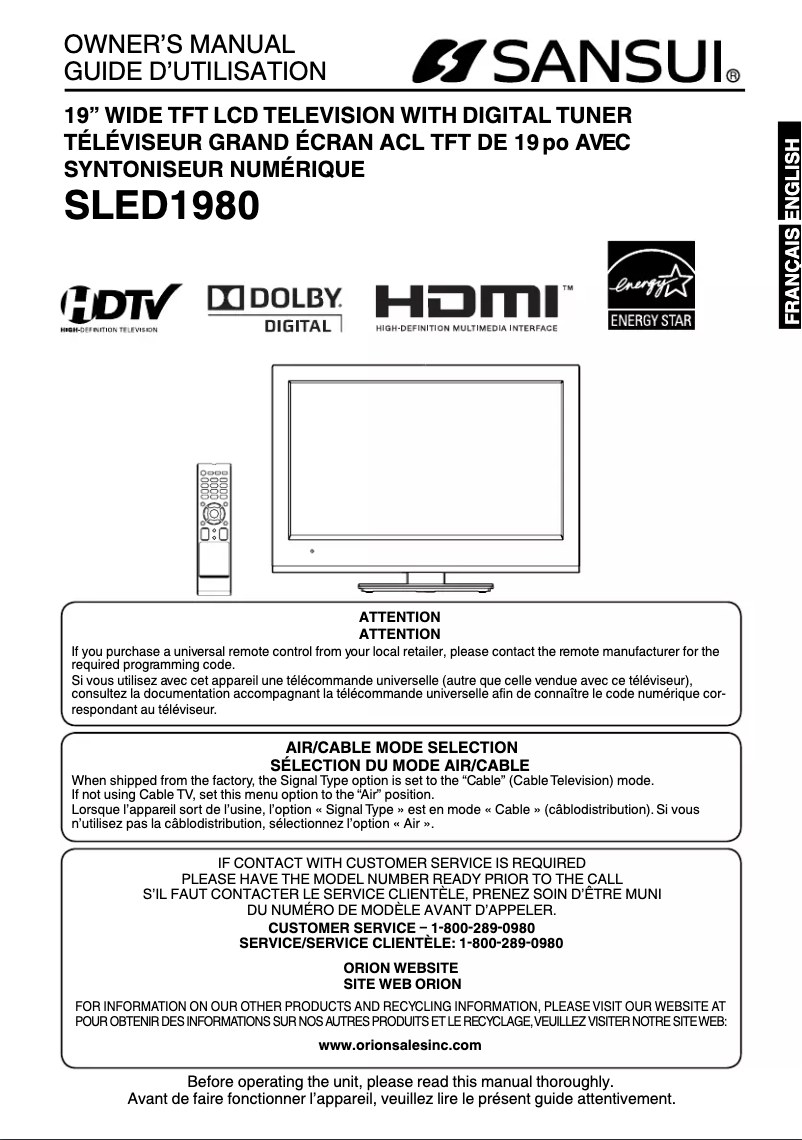 Page 1 de la notice Manuel utilisateur Sansui SLED1980