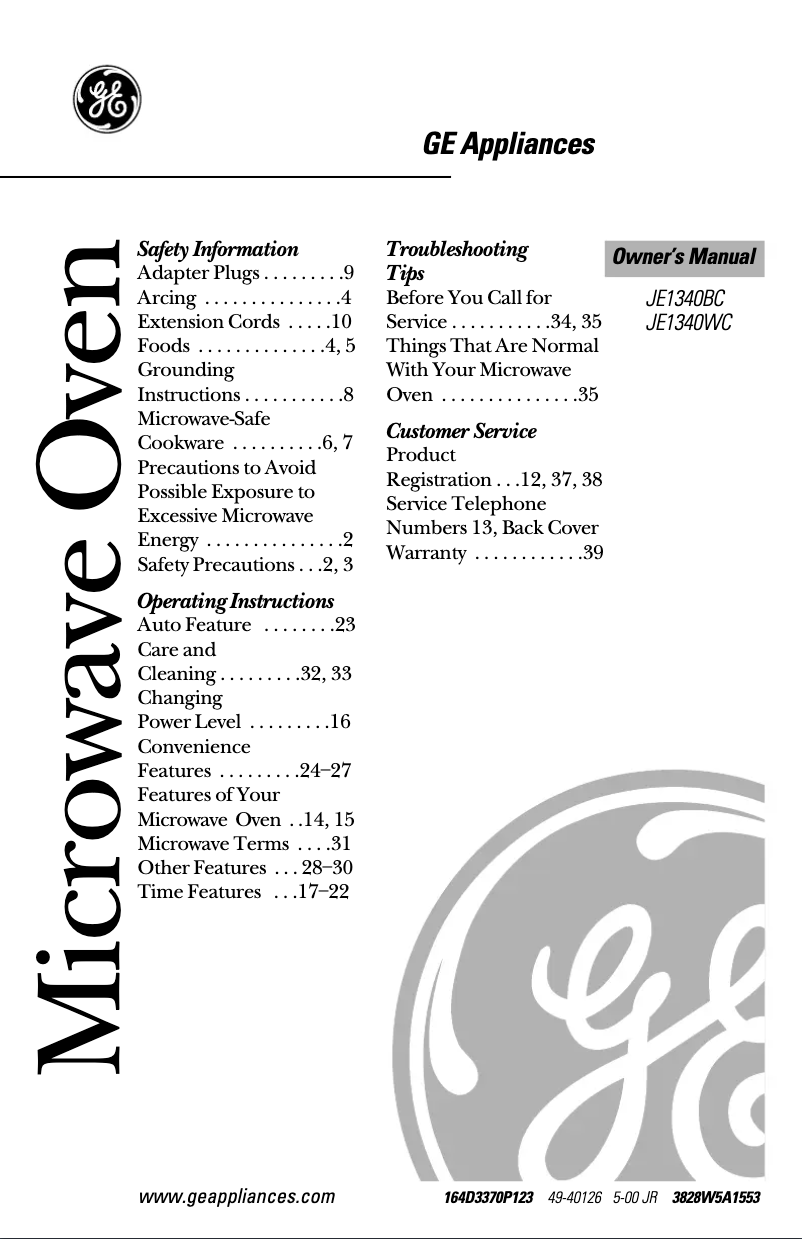 Page 1 de la notice Manuel d'utilisation et d'entretien GE JE1340WC