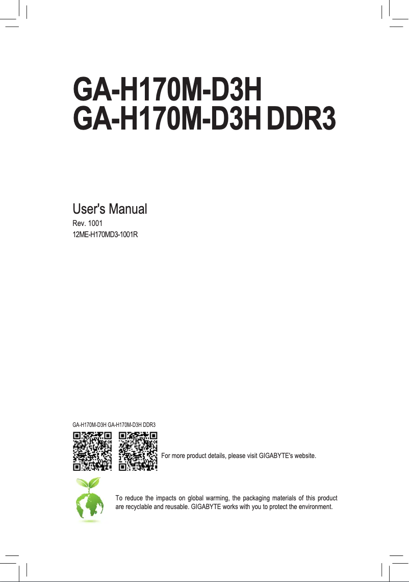 Page 1 de la notice Manuel utilisateur Gigabyte GA-H170M-D3H