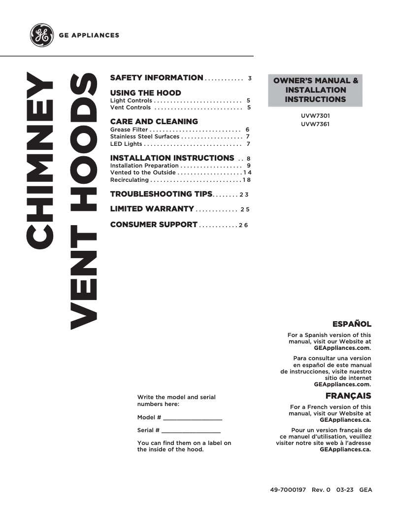Page 1 of the manual Use and Maintenance Manual GE UVW7301SWSS