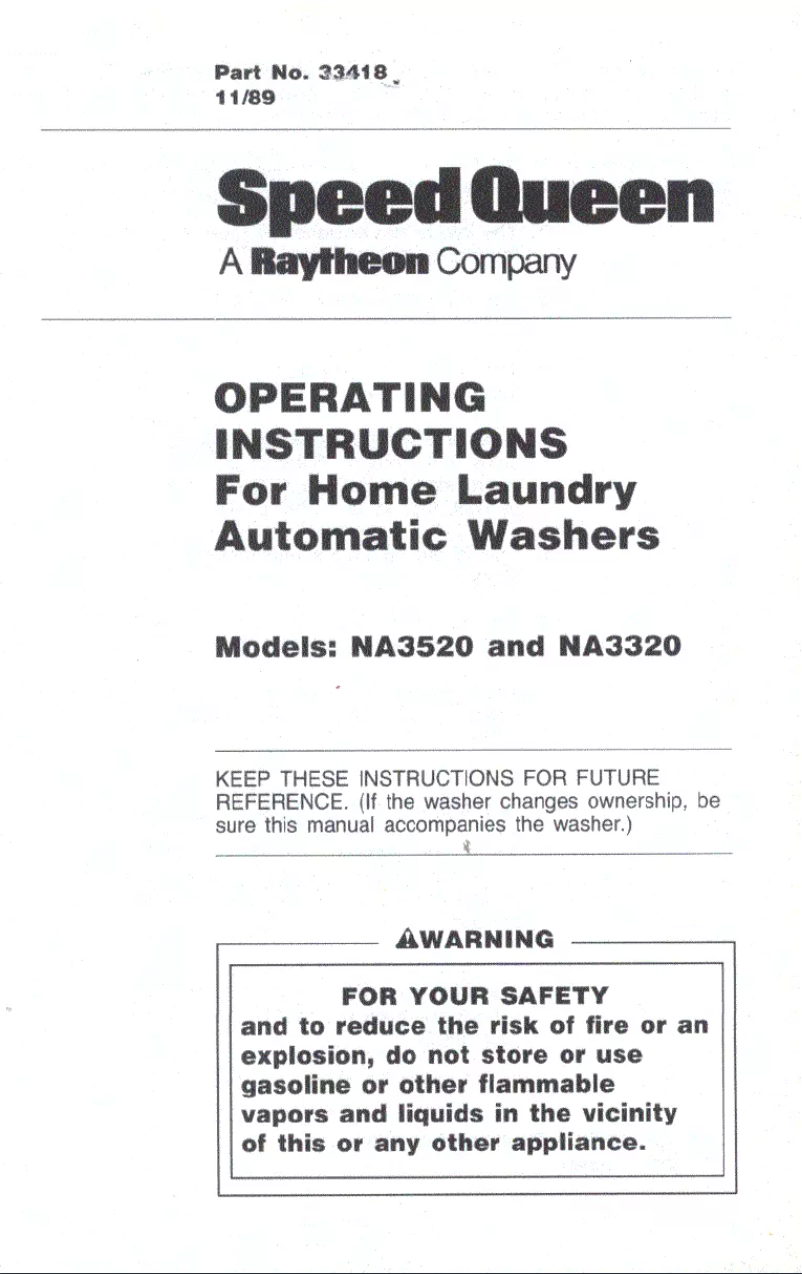Página 1 del manual Manual de usuario Speed Queen NA3520W