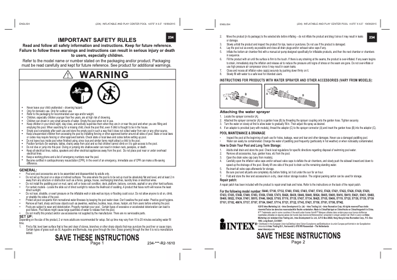 Page 1 de la notice Manuel utilisateur Intex 58924