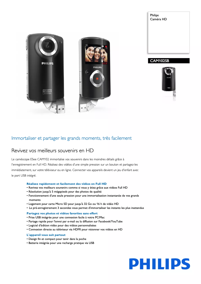 Page 1 de la notice Fiche technique Philips CAM102