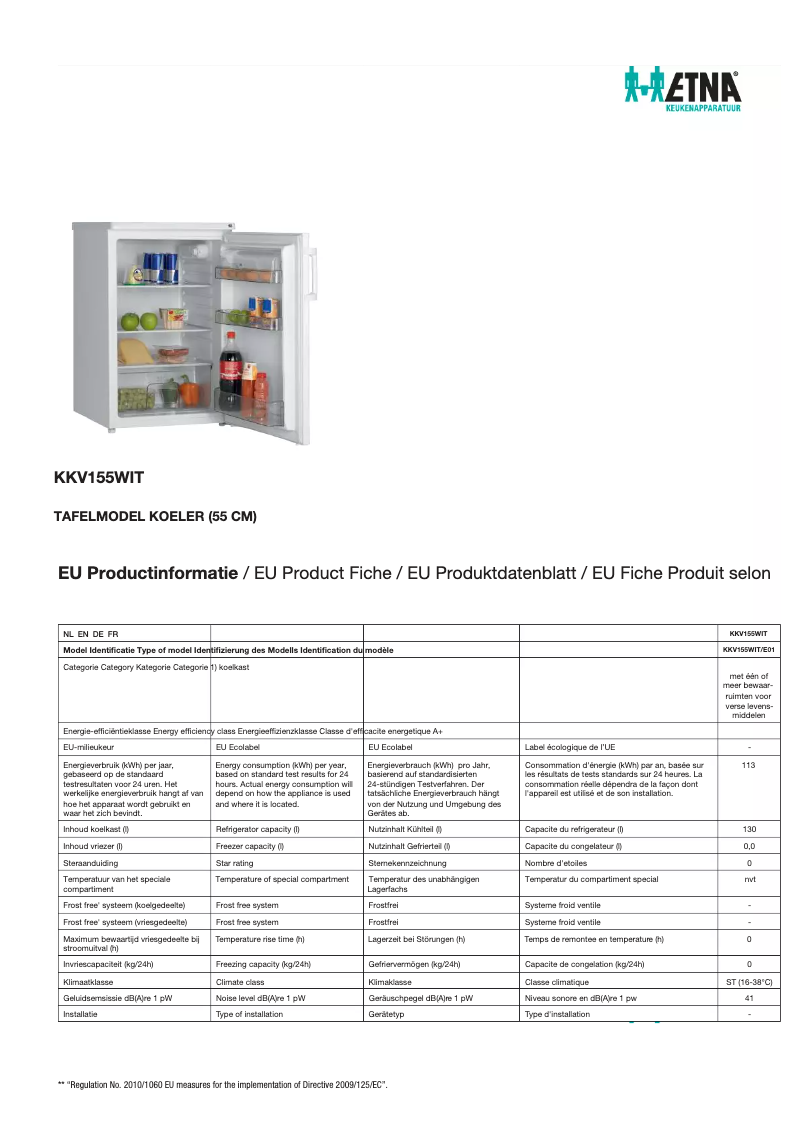 Página 1 del manual Ficha técnica Etna KKV155WIT