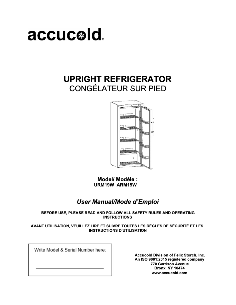 Page 1 de la notice Manuel utilisateur Accucold URM19W