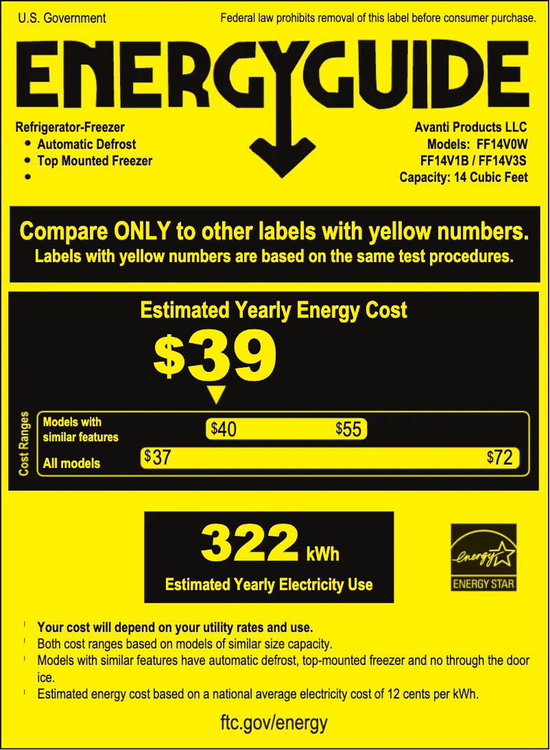 Page 1 de la notice Label énergétique Avanti FF14V0W