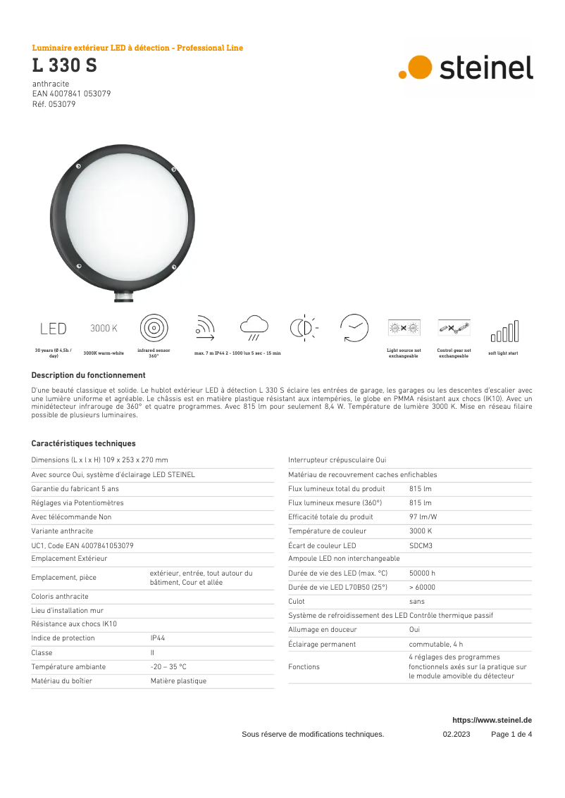 Page 1 de la notice Fiche technique Steinel L 330 S