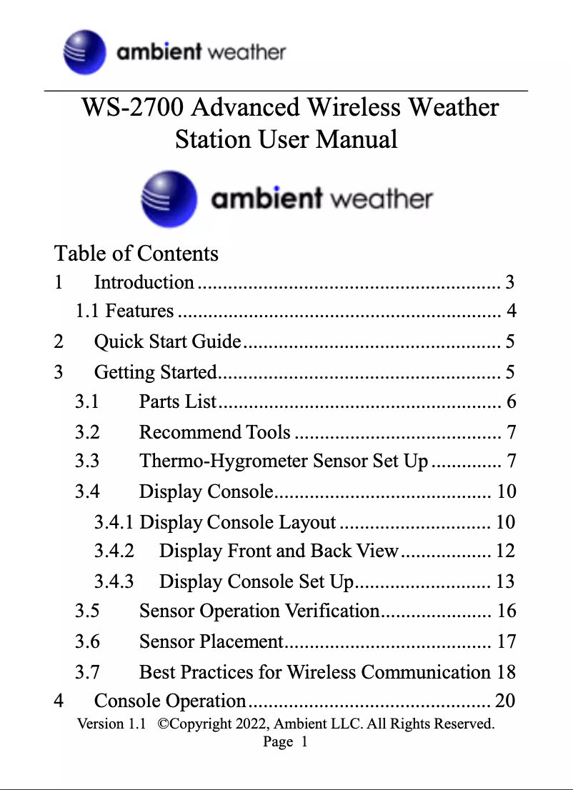 Page 1 de la notice Manuel utilisateur Ambient Weather WS-2700