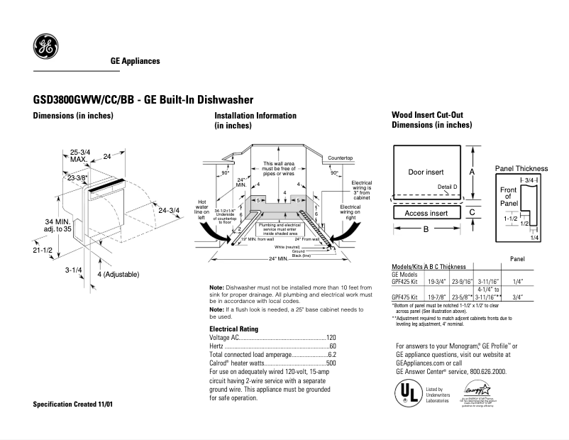 Página 1 del manual Ficha técnica GE GSD3800GWW