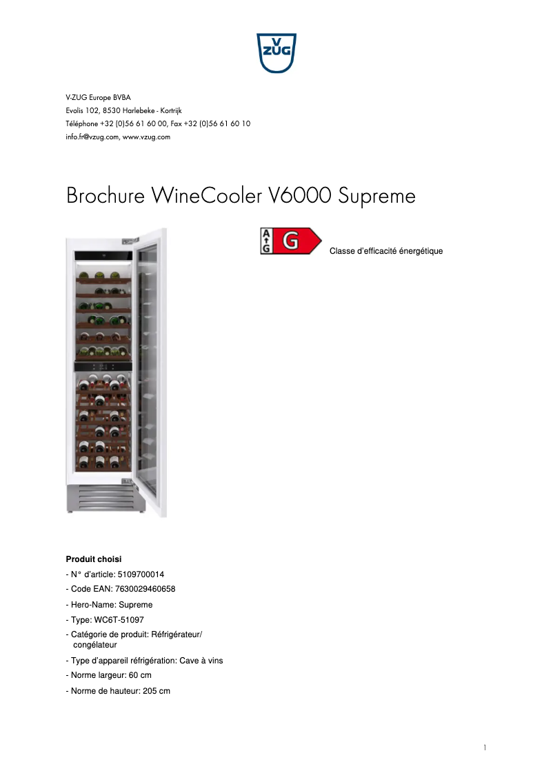 Page 1 de la notice Brochure V-Zug WineCooler V6000 Supreme