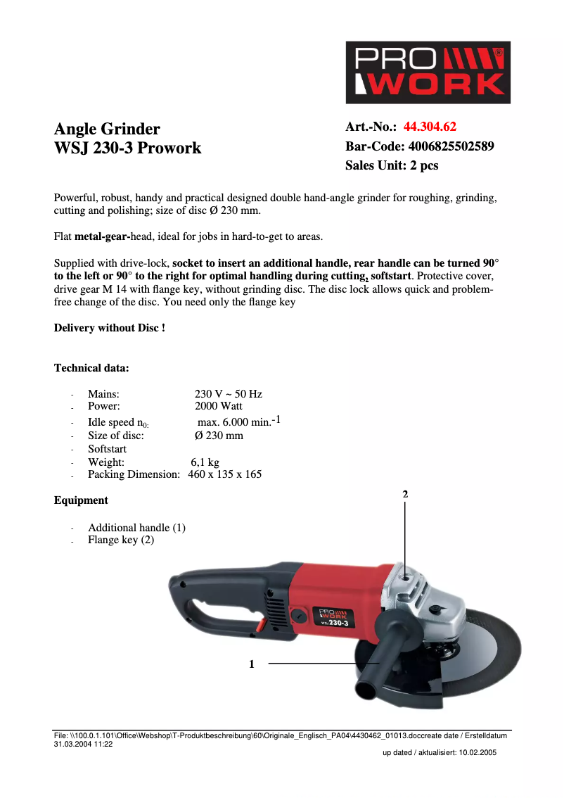Page 1 de la notice Fiche technique Prowork WSJ 230/3