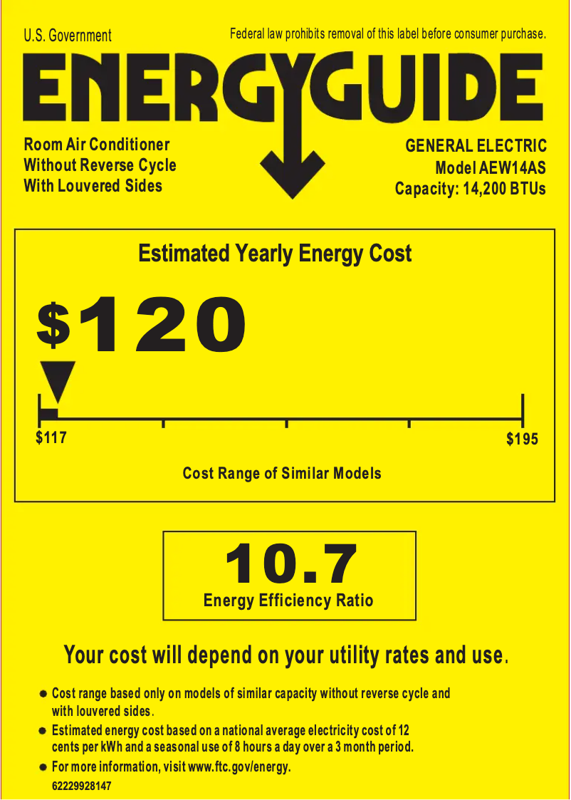 Page 1 de la notice Label énergétique GE AEW14AS