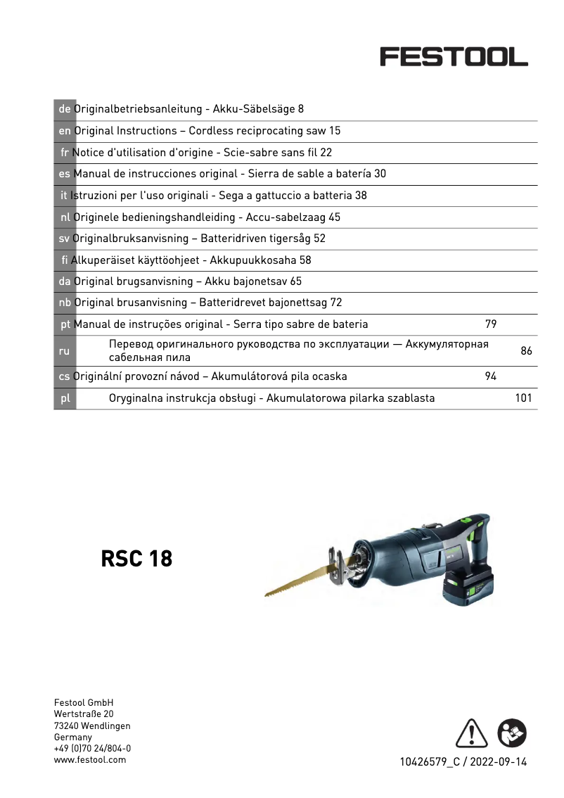 Page 1 de la notice Manuel utilisateur Festool Carvex RSC 18 EB
