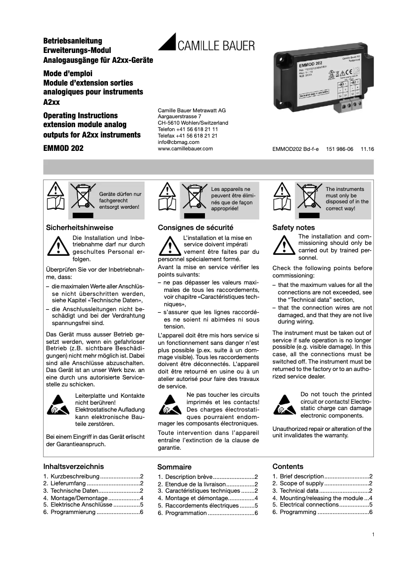 Page 1 de la notice Manuel utilisateur Camille Bauer EMMOD202
