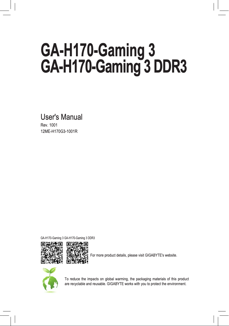 Page 1 de la notice Manuel utilisateur Gigabyte GA-H170-Gaming 3 DDR3