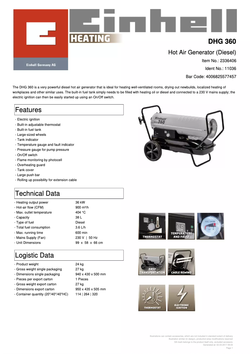 Page 1 de la notice Fiche technique Einhell DHG 360
