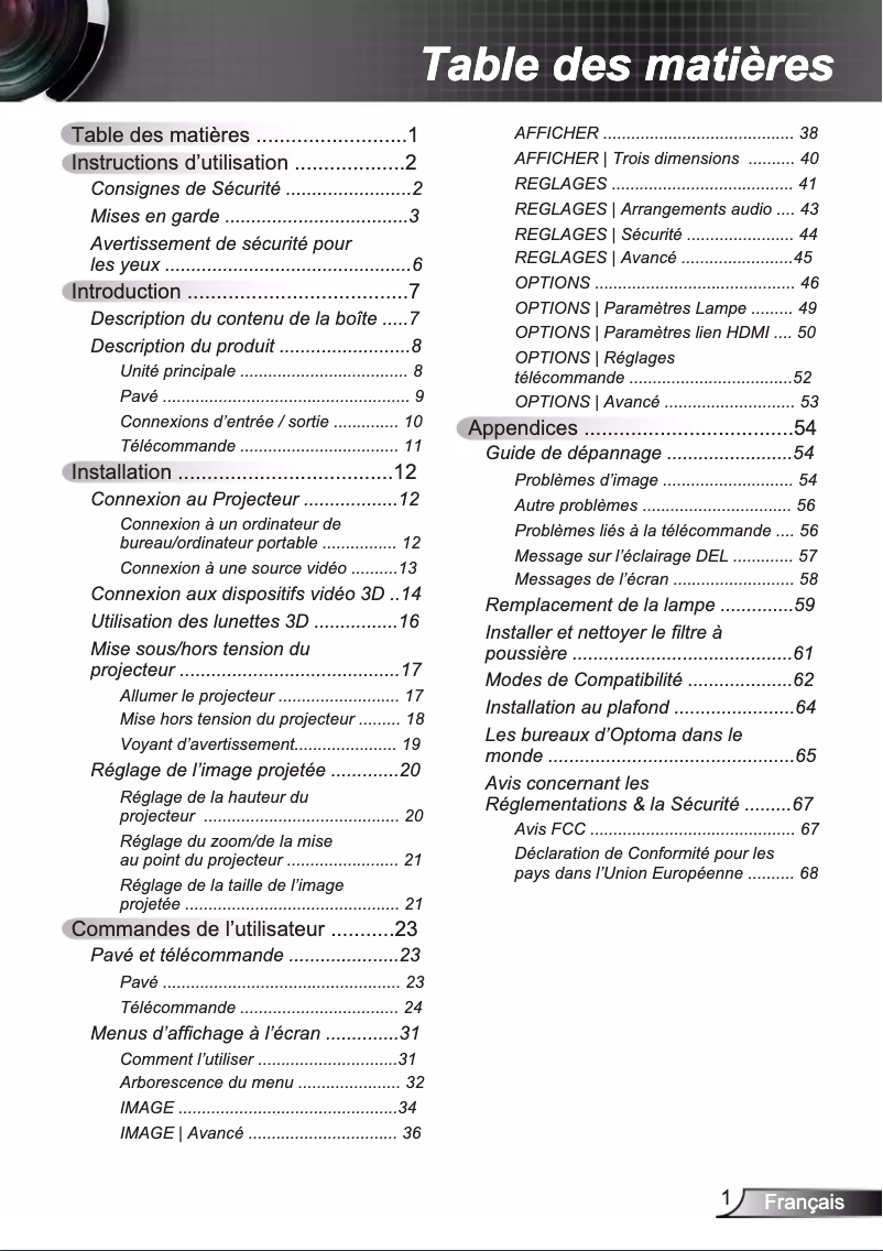 Page 1 de la notice Manuel utilisateur Optoma EH200ST