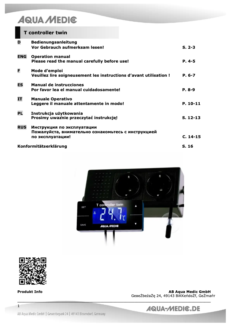 Page 1 de la notice Manuel utilisateur Aqua Medic T controller twin