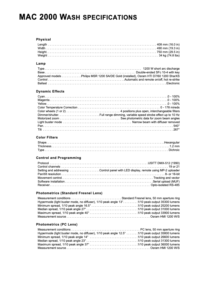 Page 1 de la notice Fiche technique Martin MAC 2000 Wash
