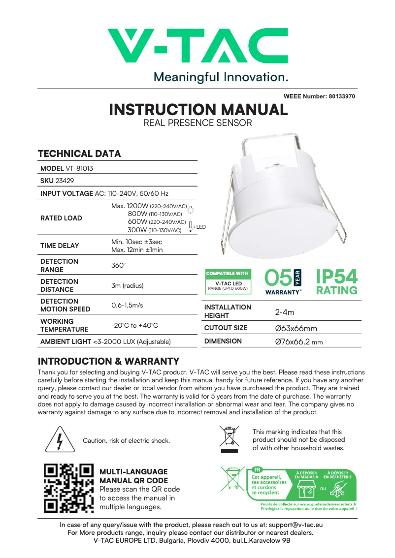Page 1 de la notice Manuel utilisateur V-TAC VT-81013