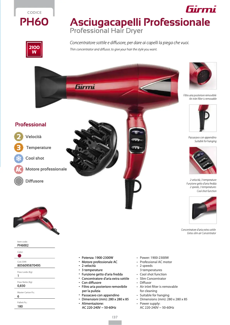 Page 1 de la notice Fiche technique Girmi PH60