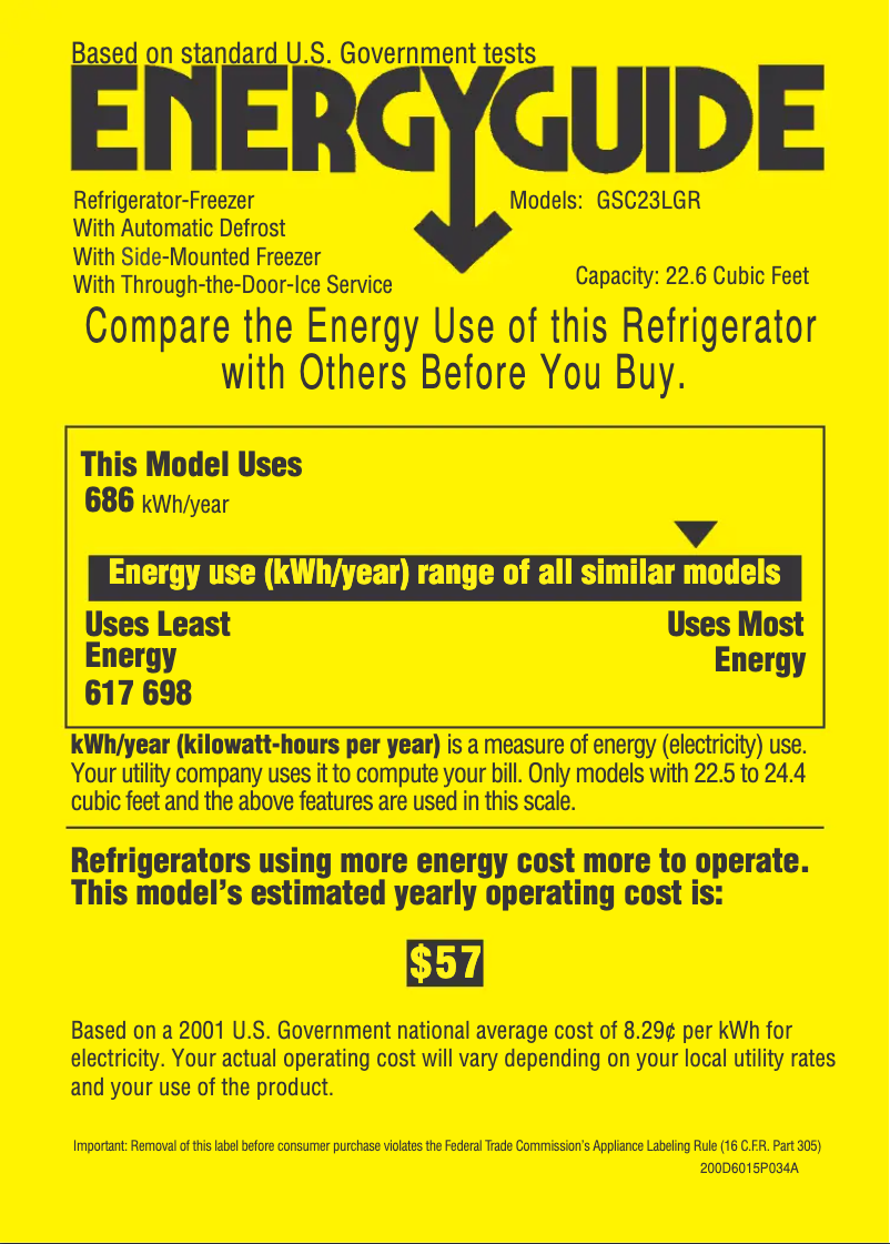 Page 1 de la notice Label énergétique GE CustomStyle GSC23LGRWW