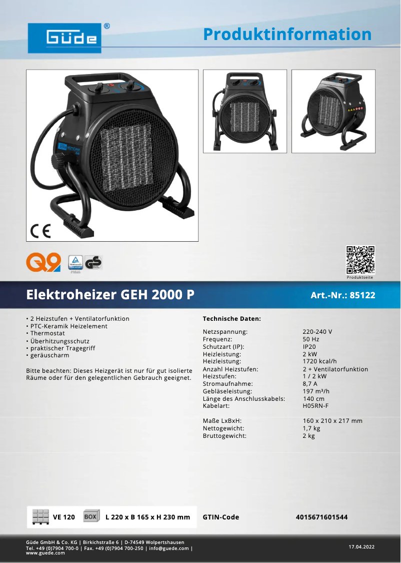 Página 1 del manual Ficha técnica Güde GEH 2000 P