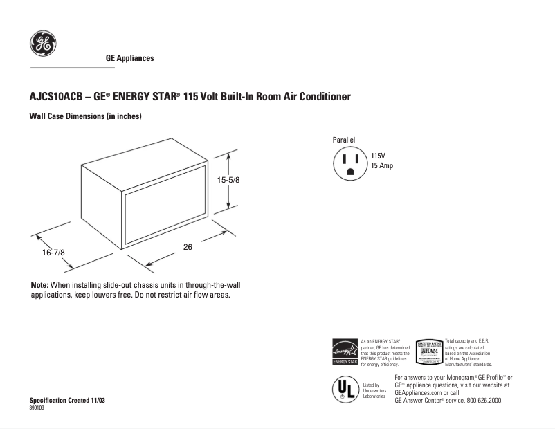 Página 1 del manual Ficha técnica GE AJCS10ACB