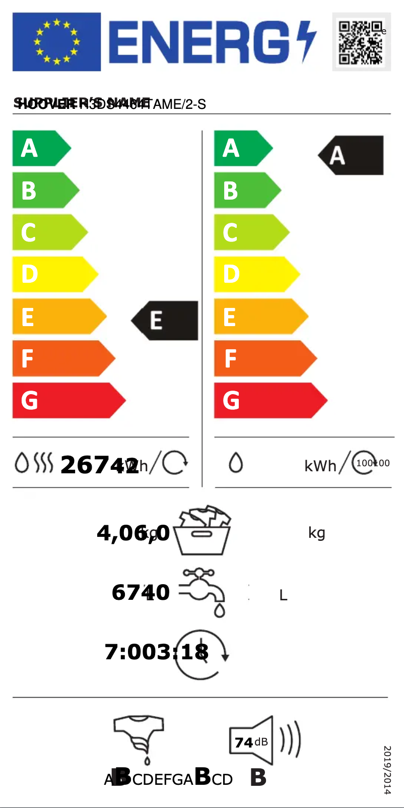 Página 1 del manual Etiqueta energética Hoover H3DS4464TAME/2-S