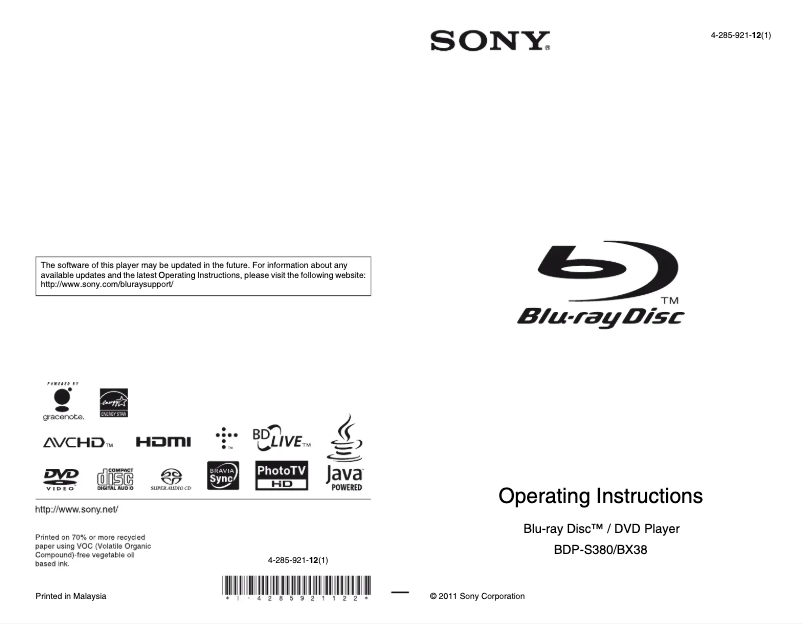 Page 1 de la notice Manuel utilisateur Sony BDP-BX38