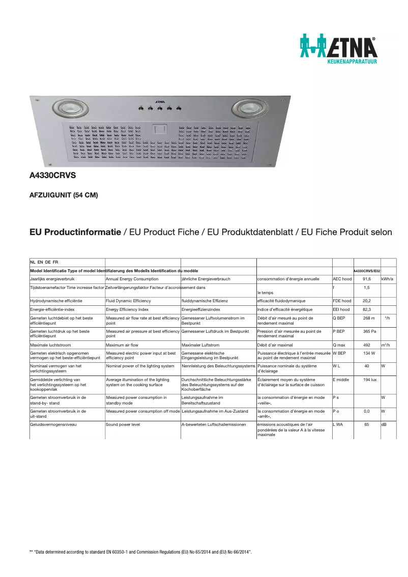 Page 1 de la notice Fiche technique Etna A4330CRVS
