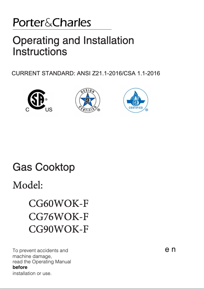 Page 1 de la notice Manuel utilisateur Porter & Charles CG90WOK-F