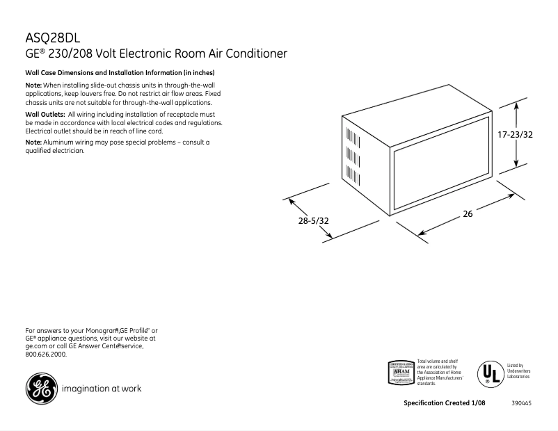 Página 1 del manual Ficha técnica GE ASQ28DL