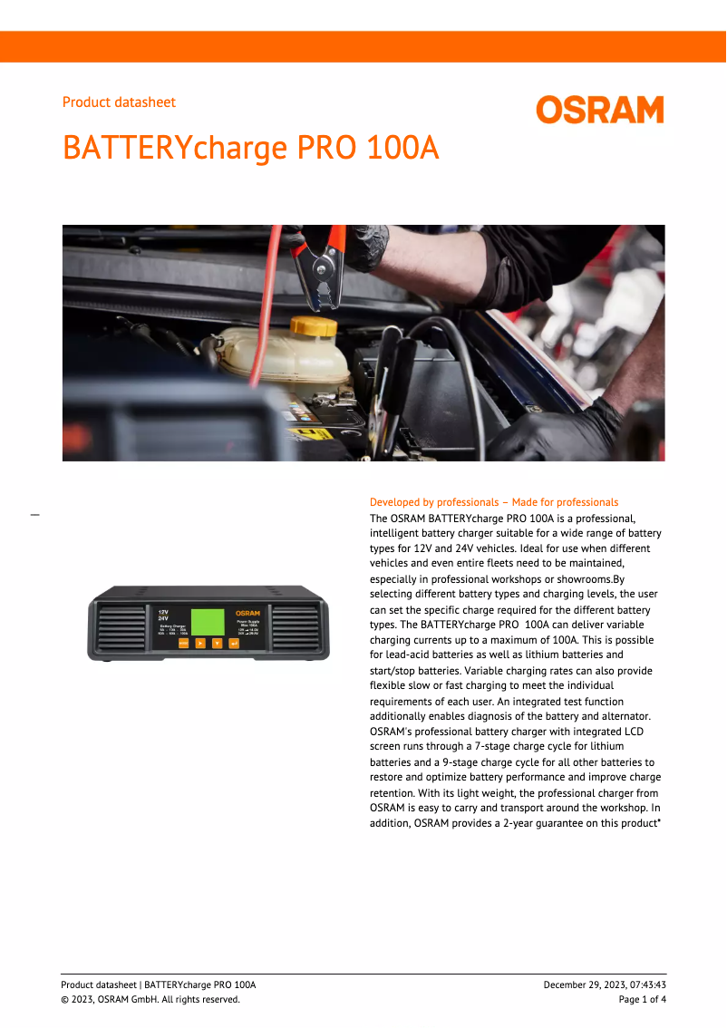 Page 1 de la notice Fiche technique Osram BATTERYcharge PRO 100A