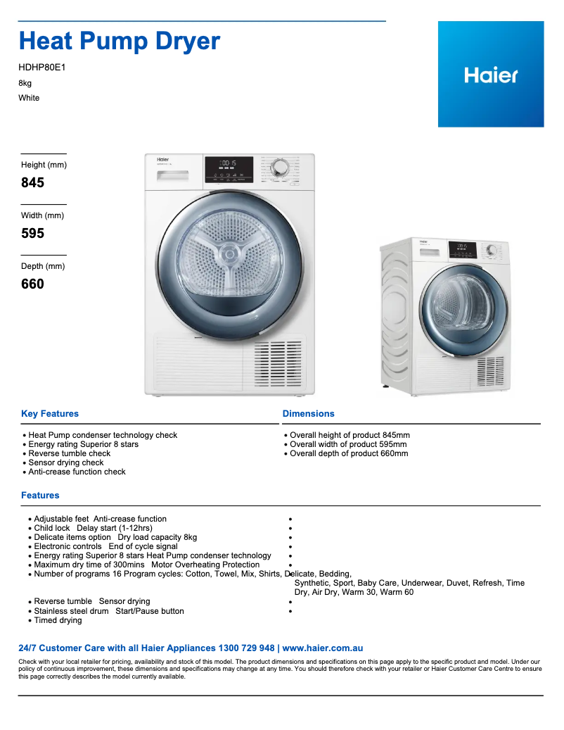Page 1 de la notice Fiche technique Haier HDHP80E1