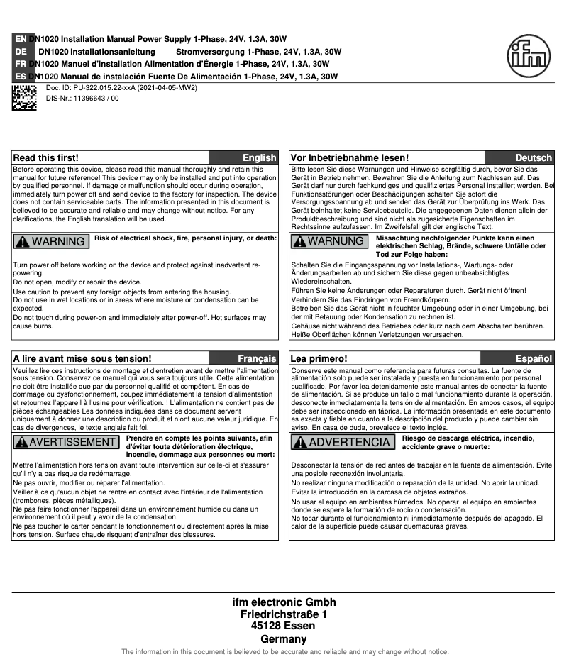 Page 1 de la notice Manuel utilisateur IFM DN1020