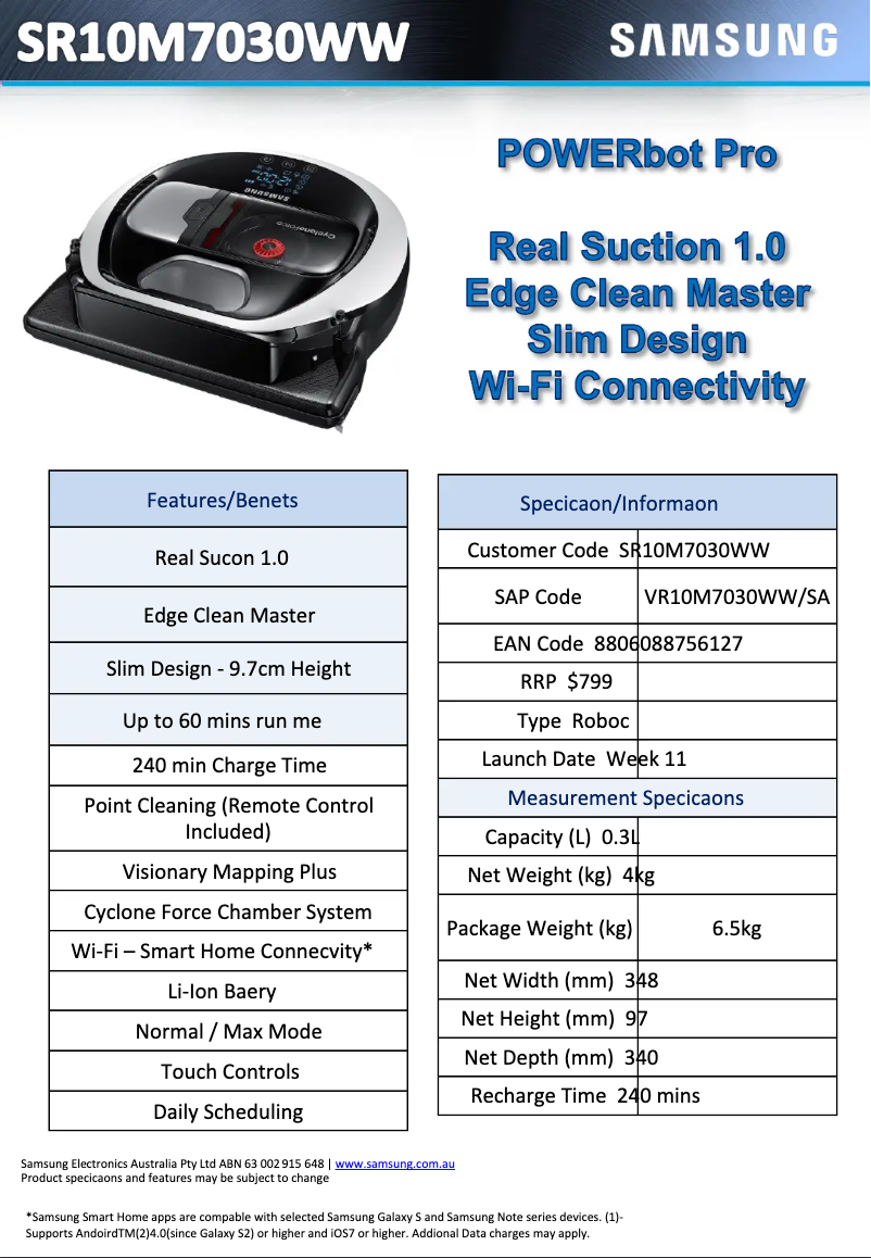 Page 1 de la notice Fiche technique Samsung POWERbot VR7000