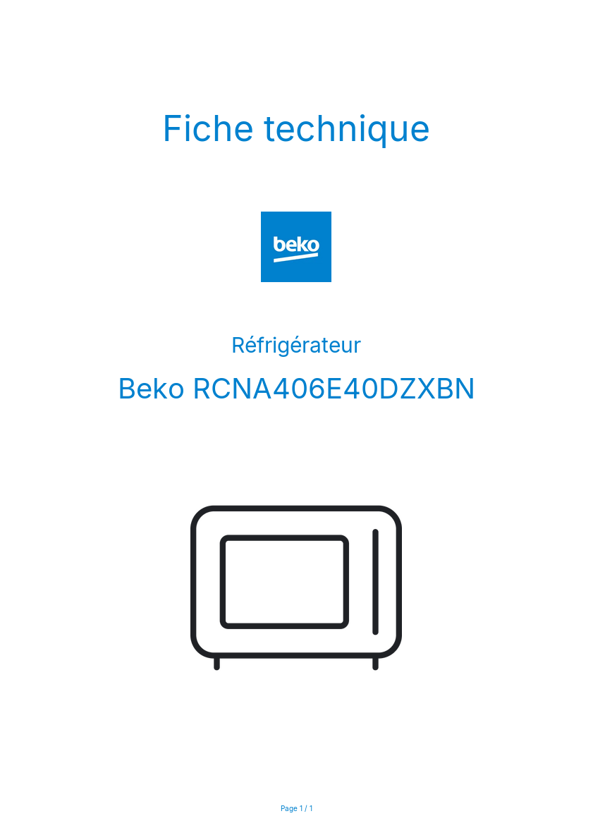 Page 1 de la notice Fiche technique Beko RCNA406E40DZXBN