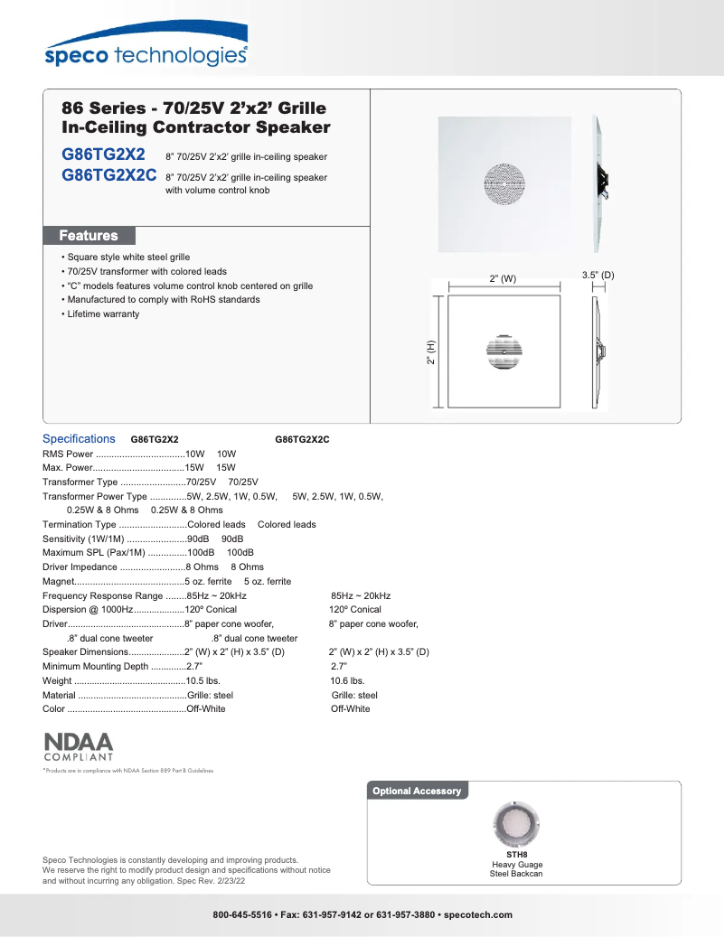 Page 1 de la notice Fiche technique Speco Technologies G86TG2X2C
