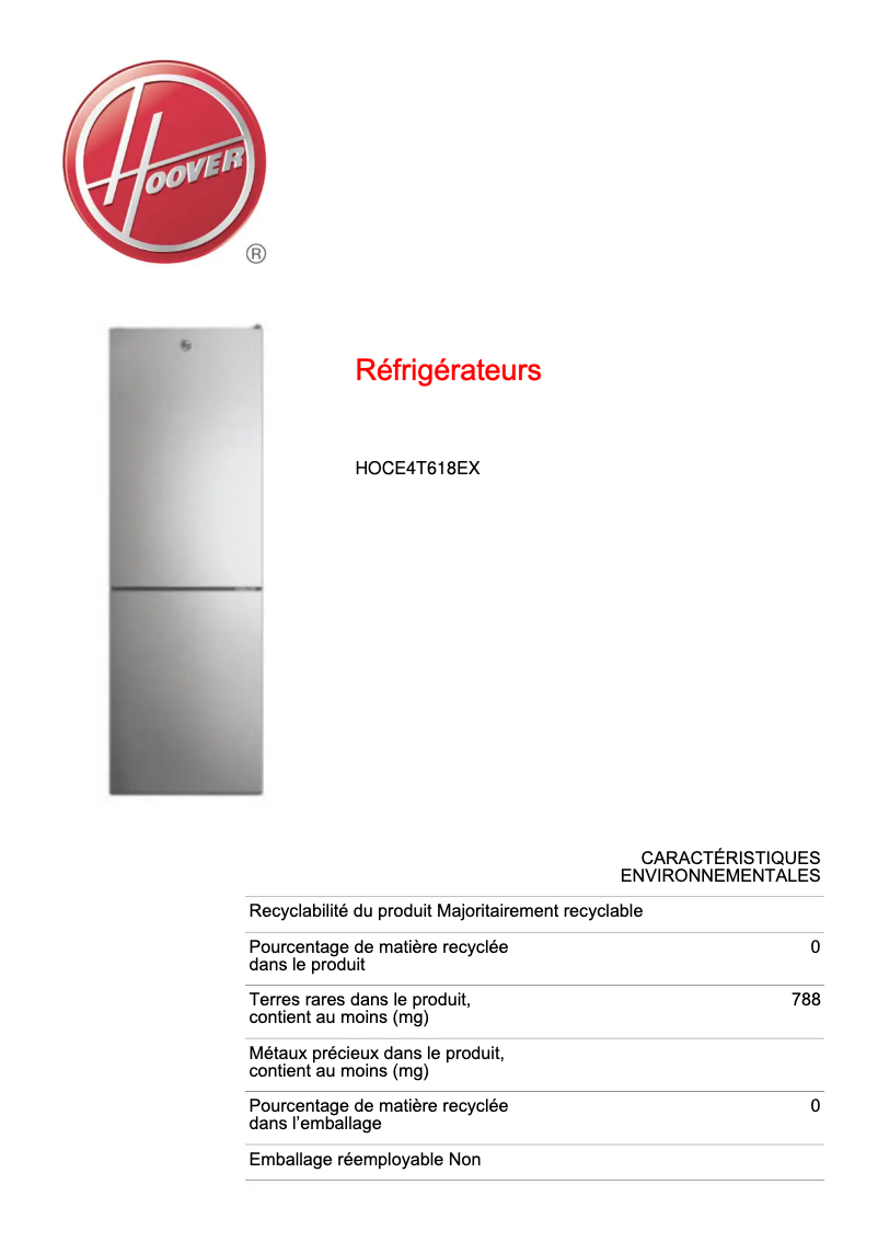 Page 1 de la notice Fiche technique Hoover HOCE4T618EX