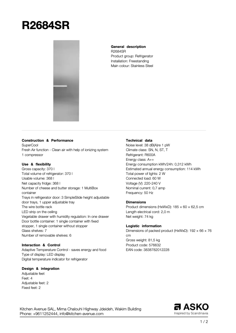 Page 1 of the manual Technical Sheet Asko R2684SR