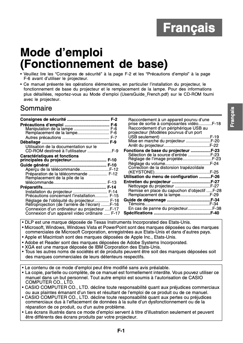 Page 1 de la notice Manuel utilisateur Casio XJ-S57