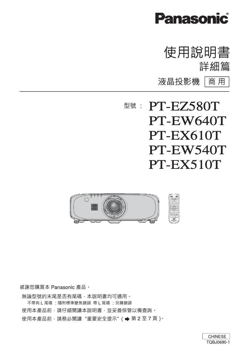 Page 1 of the manual User Manual Panasonic PT-EW640T