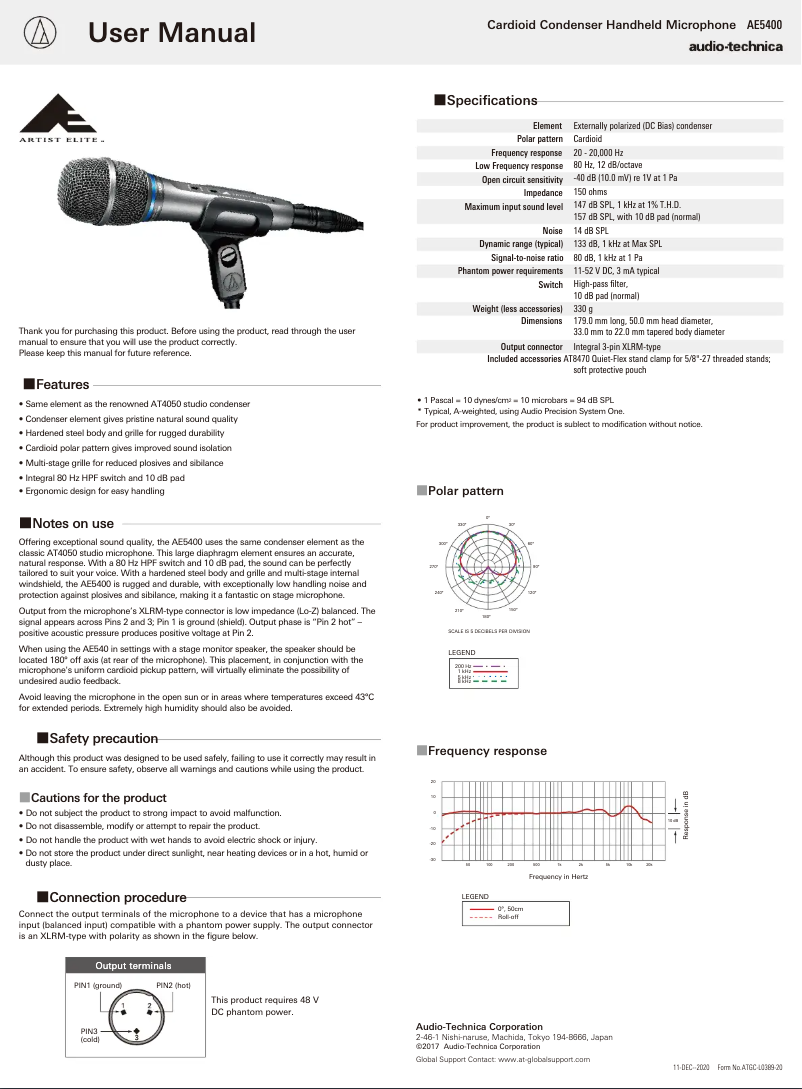 Page 1 de la notice Manuel utilisateur Audio-Technica AE5400