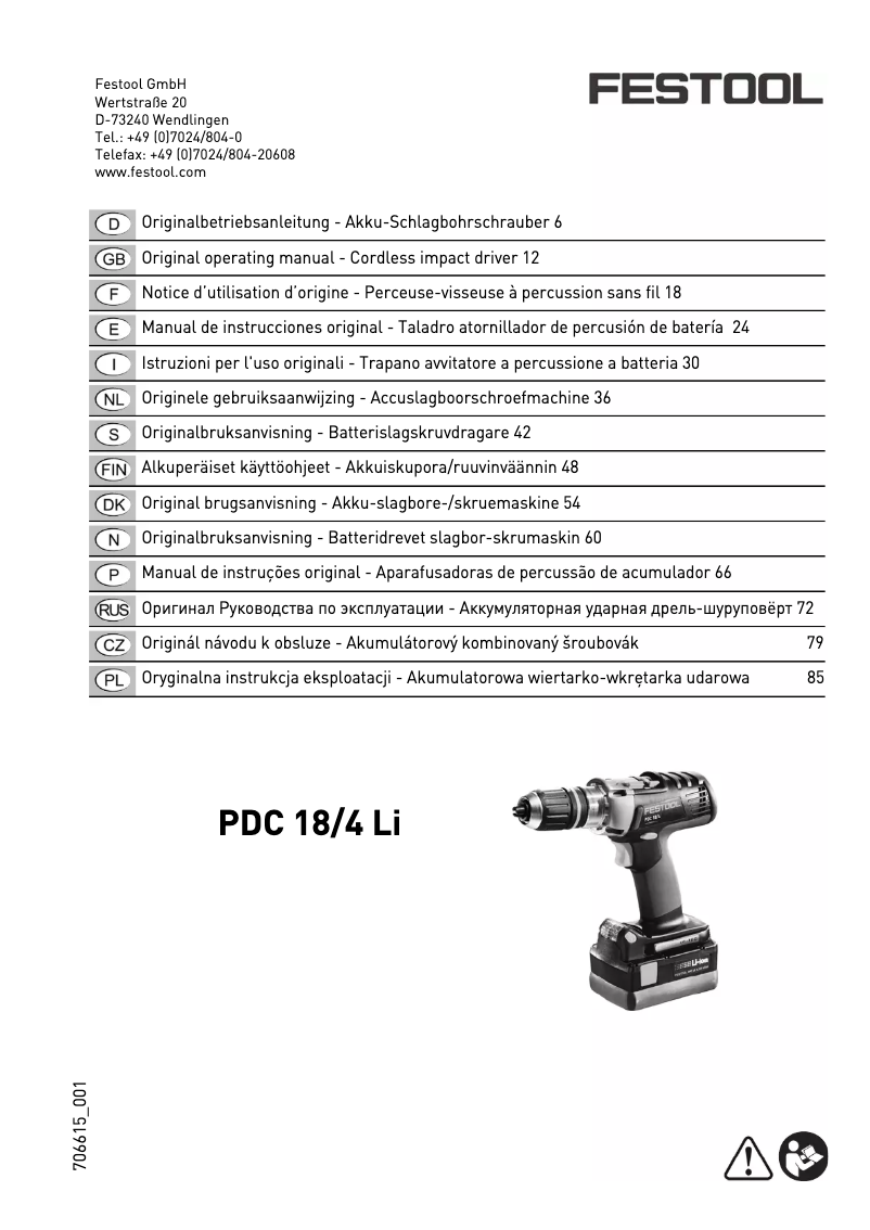 Page 1 de la notice Manuel utilisateur Festool PDC 18/4 Li