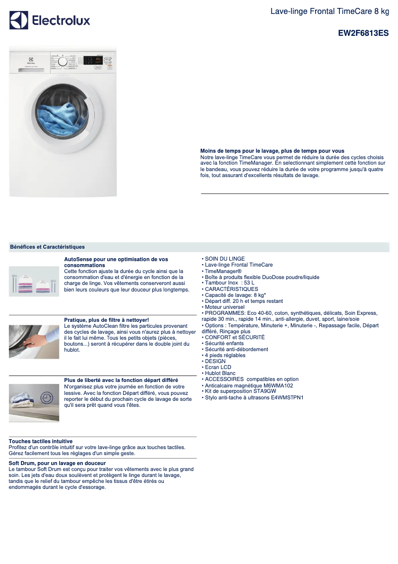 Page 1 de la notice Fiche technique Electrolux EW2F6813ES