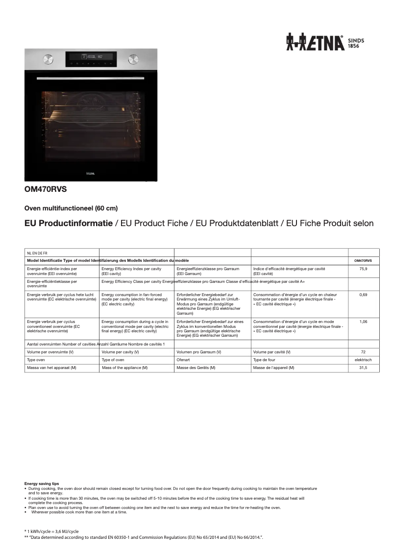 Page 1 de la notice Fiche technique Etna CM450RVS