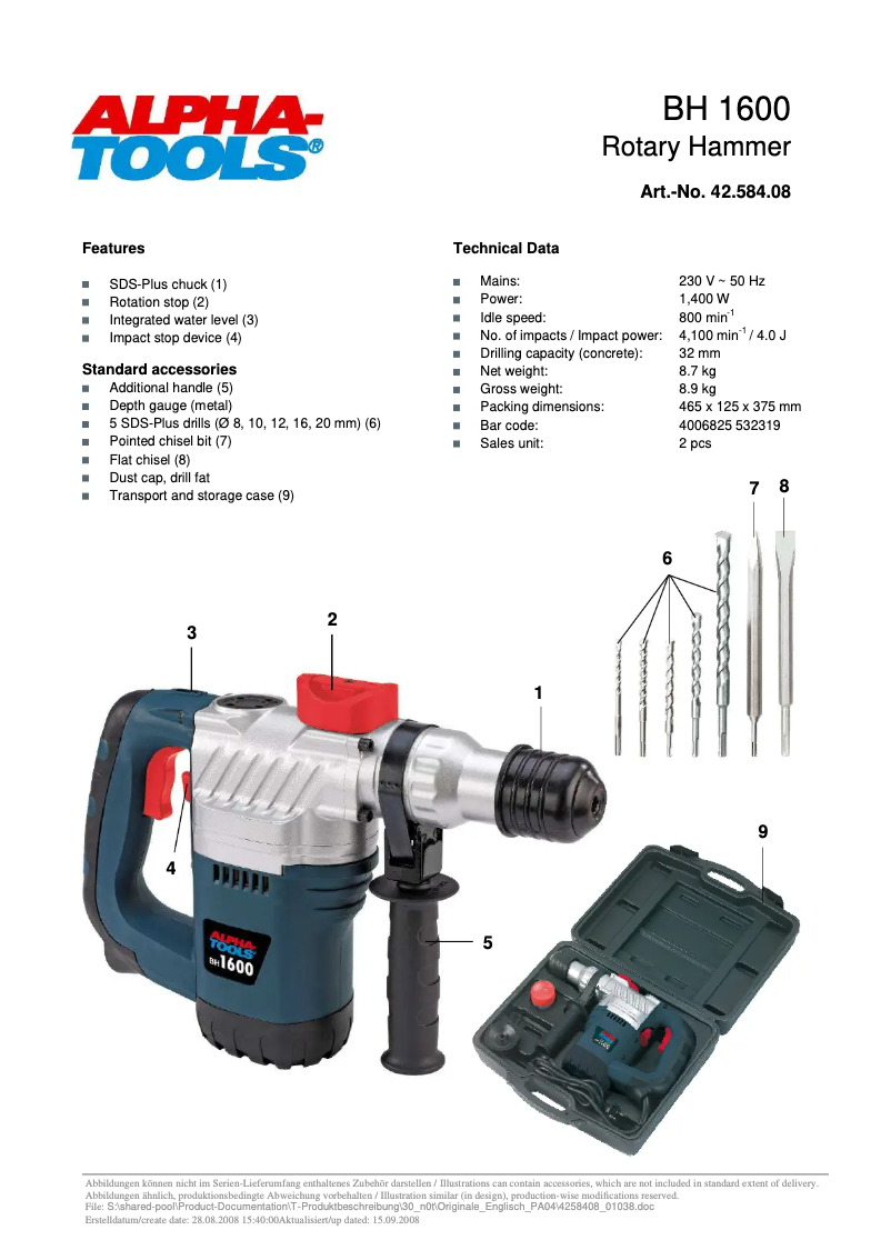 Page 1 de la notice Manuel utilisateur Alpha Tools BH 1600
