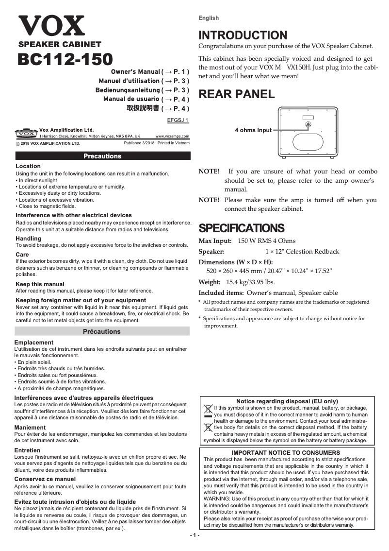 Page 1 de la notice Manuel utilisateur VOX BC112-150