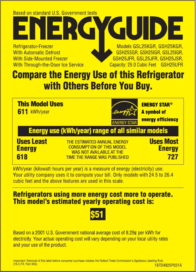 Page n°1 - Label énergétique GE GSH25IGRWW